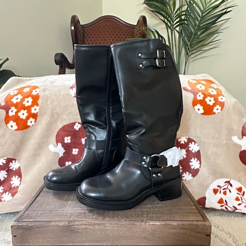 Black Knee-High Moto Boots